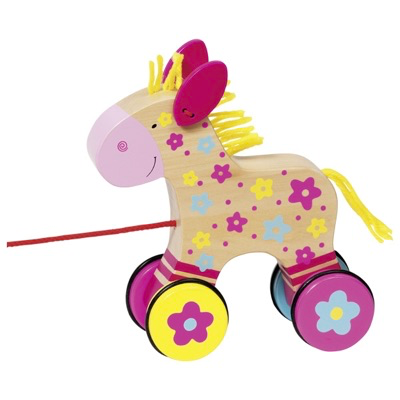 Colourful wooden pull along toy horse for toddlers