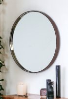 Rana Brown Round Mirror with Brown Leather Covering Gold Inner Rim Frame