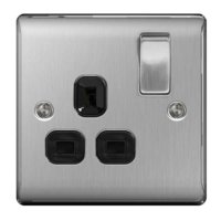 NEXUS BRUSHED STEEL 13A 1 GANG DOUBLE POLE SWITCHED SOCKET BLACK