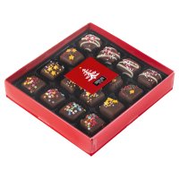 16 chocolate fudge pieces in red gift box with clear lid and red sticker 4x280g