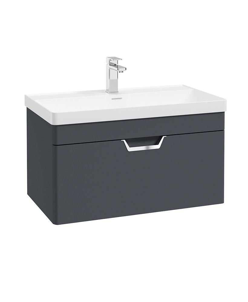 FREYA 80CM 1 DRAWER WALL HUNG VANITY UNIT MATT NIGHT SKY BLUE-BRUSHED CHROME HANDLE
