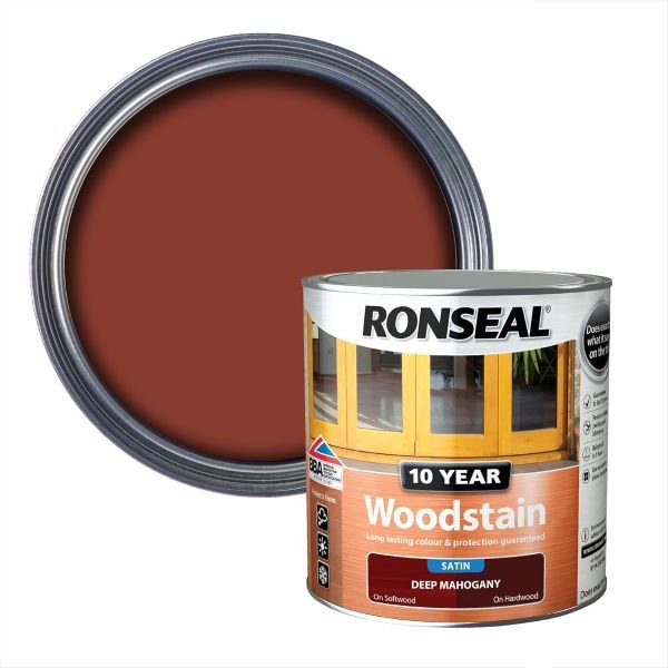 Ronseal 10 Year Woodstain Deep Mahogany Tin & Swatch