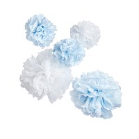 Blue & White Pom Pom Hanging Decoration- Pack of 5
