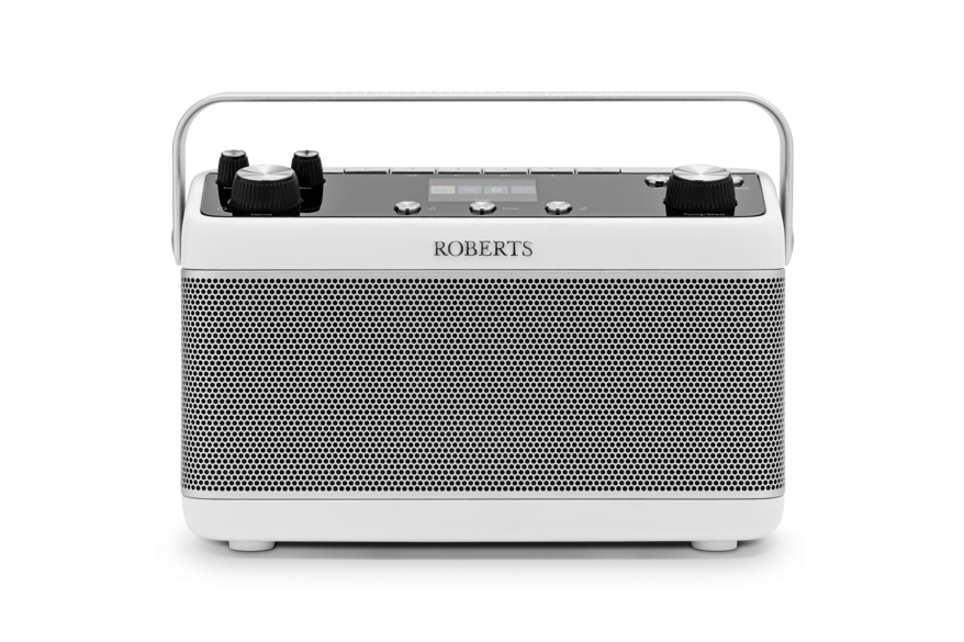 Roberts Blutune 7 white front view showing full speaker grille, display screen and main control interface