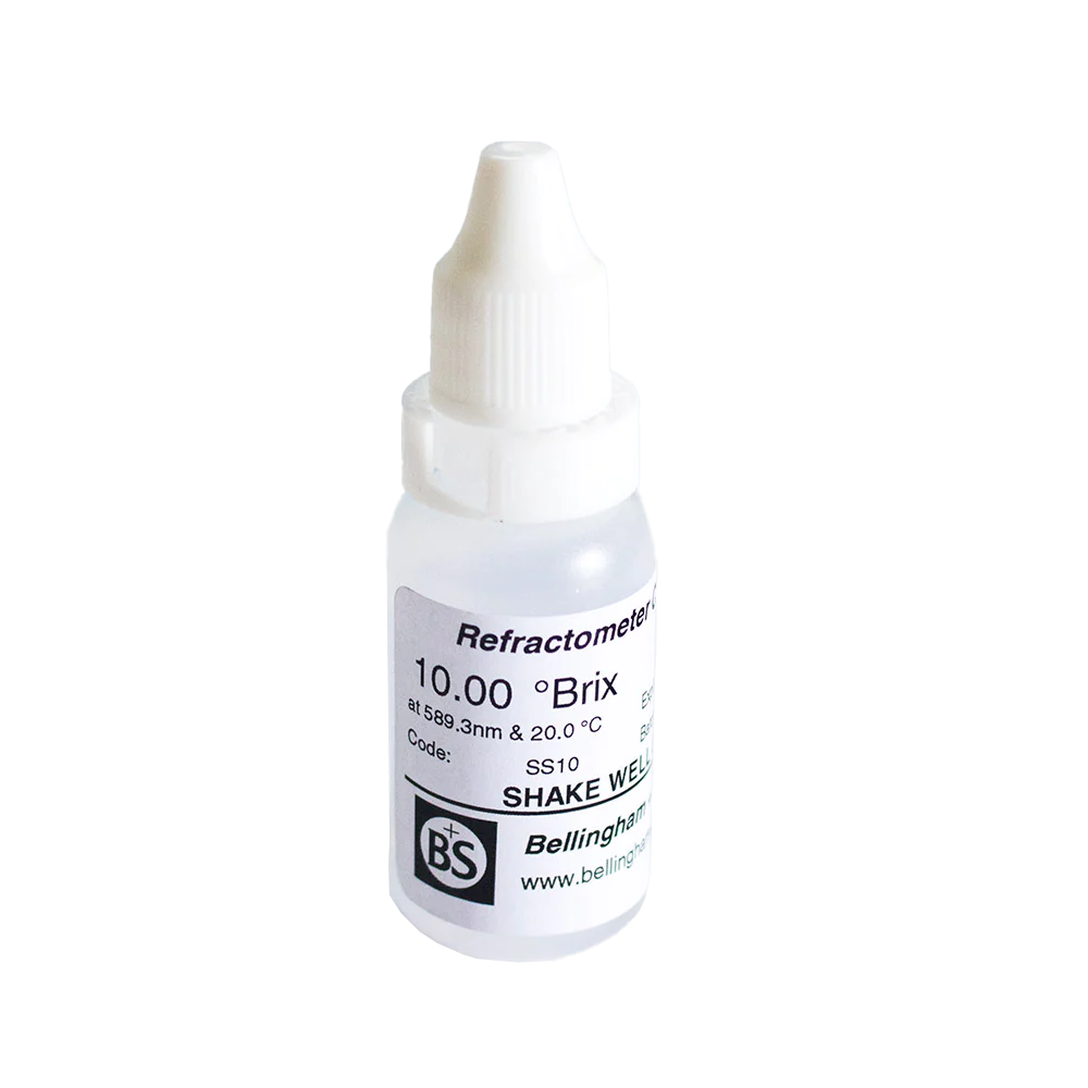 10.0% Sugar Calibration Solution for refractometers (ISO17025). Shelf life is 6 weeks, 15ml.