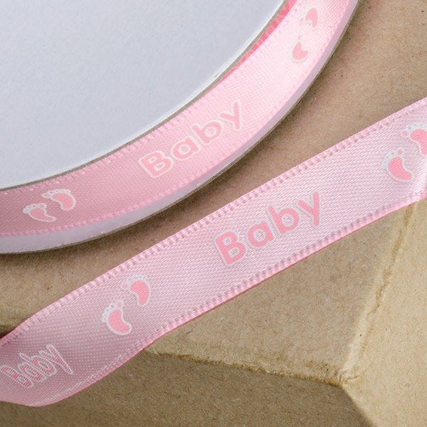 Printed Baby & Footprint Double Satin Ribbon Pink -12mm x 25m