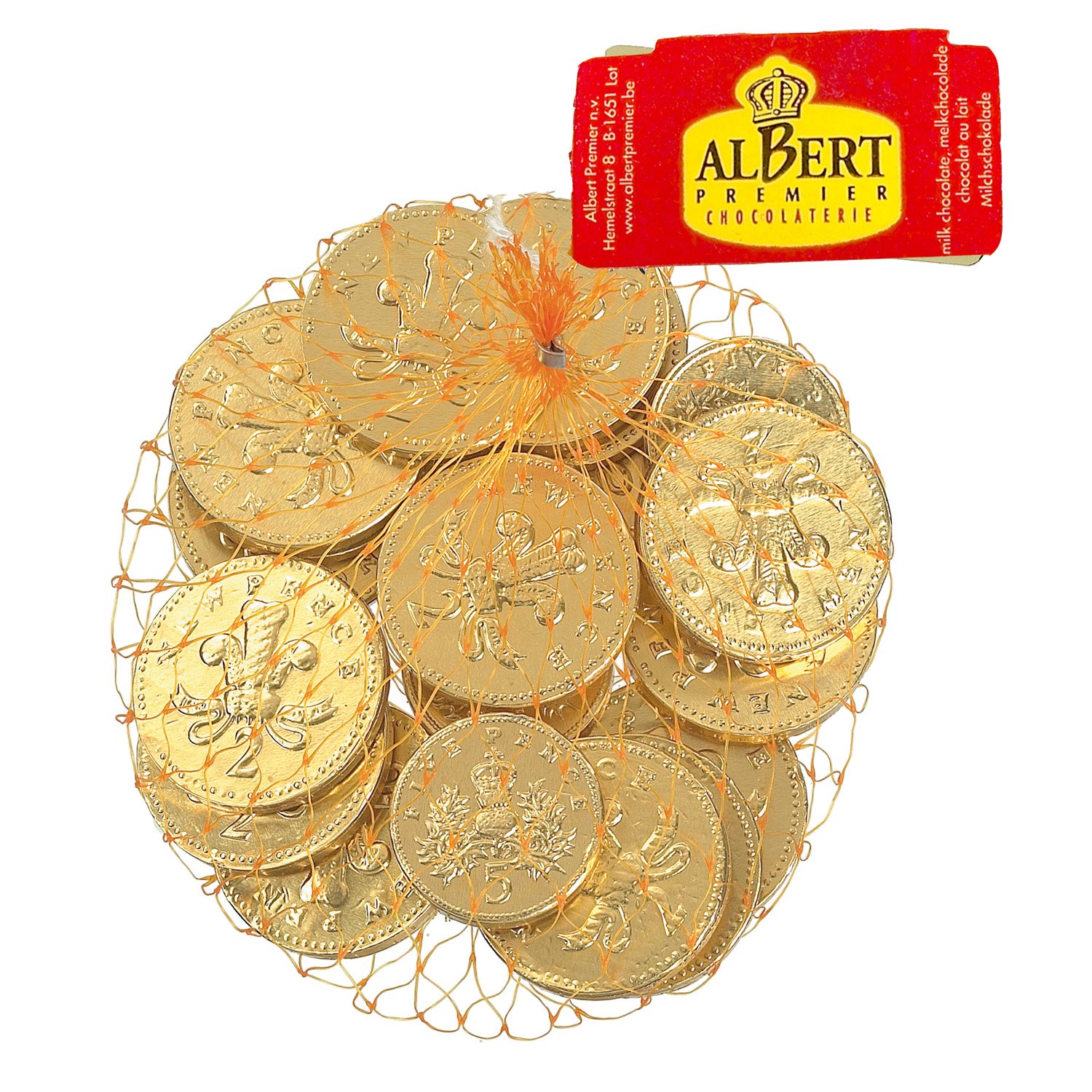 Gold foiled UK milk chocolate coins in net - 25x100g