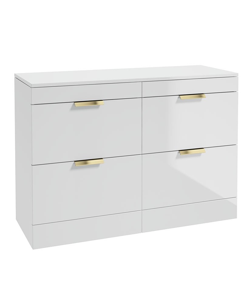 STOCKHOLM 120CM FLOOR STANDING FOUR DRAWER GLOSS WHITE  COUNTERTOP VANITY UNIT - BRUSHED GOLD HANDLE