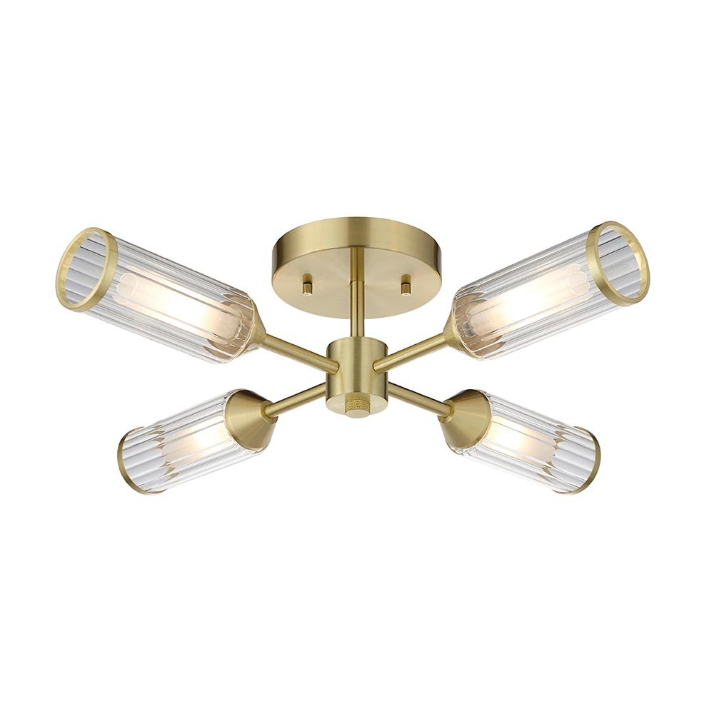 Endon Ribbed And Frosted Glass Satin Brass 4 Light Semi-Flush