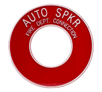 "Auto. Spkr., Fire Dept. Connection" Wall Escutcheon, Round (4" ID), Cast Aluminum, White on Red
