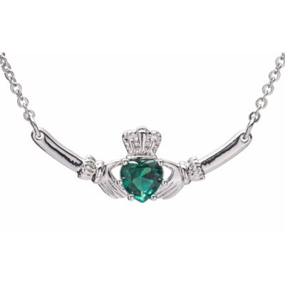 Newgrange Silver Claddagh Pendant with Green Stone