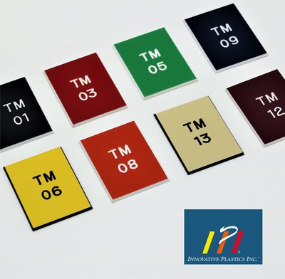 Micro Mattes plastic engraving color swatches labeled TM01 to TM13 from Innovative Plastics