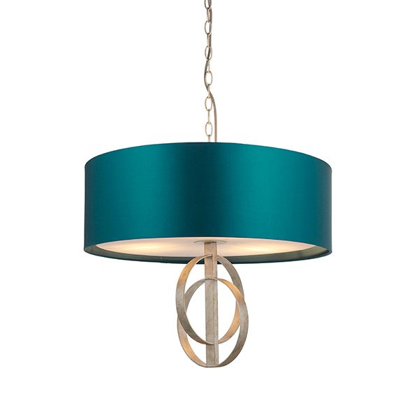 Endon Double Hoop Silver Leaf Pendant Light With Large Teal Shade