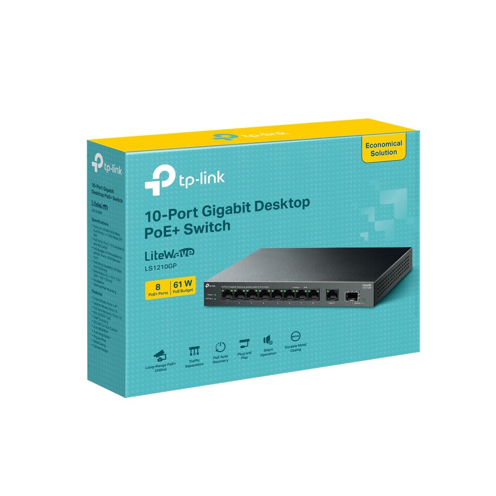 TP-Link LS1210GP switch with LEDs lit, showing link activi