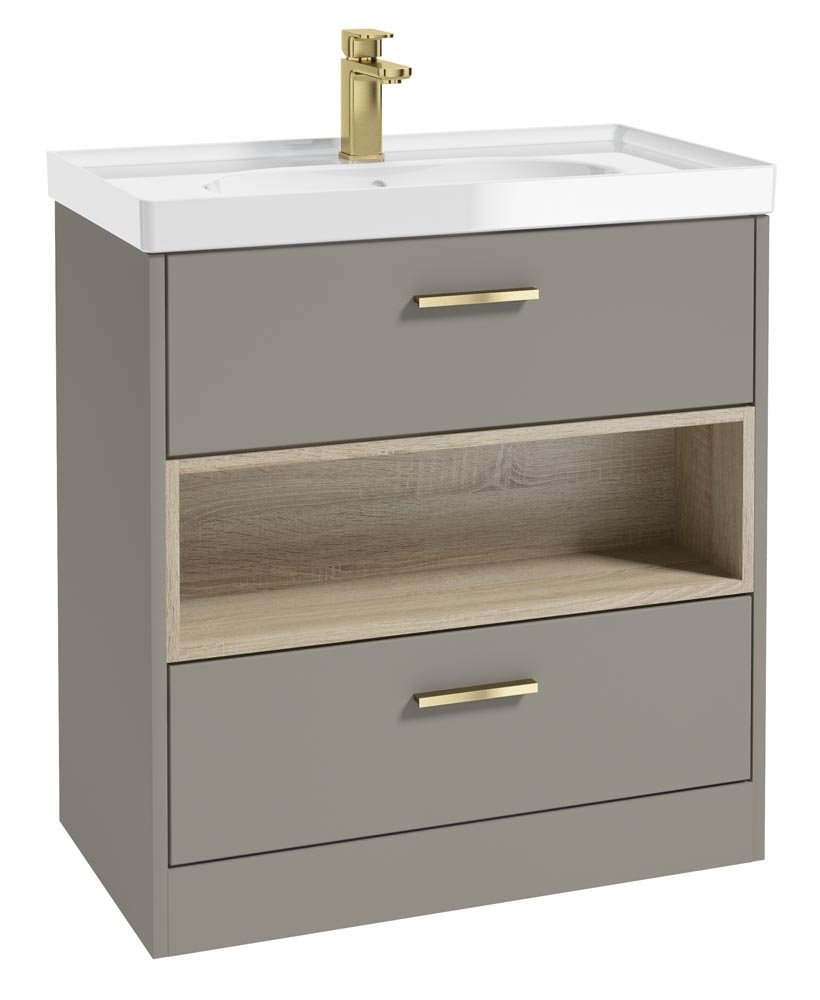 MALMO 80CM TWO DRAWER FLOOR STANDING KHAKI MATT  VANITY UNIT GLOSS BASIN - BRUSHED GOLD HANDLE