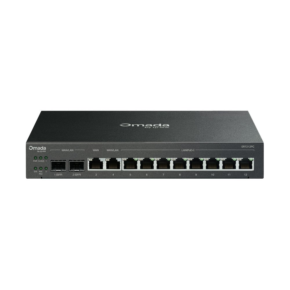 Omada ER7212PC 3-in-1 Gigabit VPN Gateway front panel view showing ports, LEDs, and fanless design