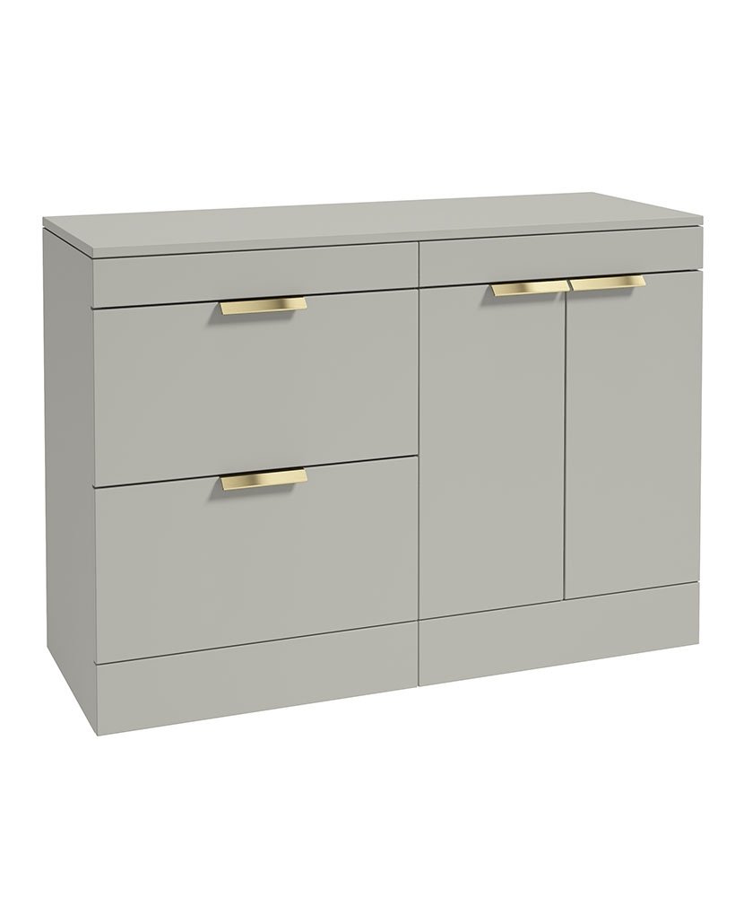 STOCKHOLM 120CM FLOOR STANDING TWO DRAWER/TWO DOOR ARCTIC GREY MATT  COUNTERTOP VANITY UNIT - BRUSHED GOLD HANDLE