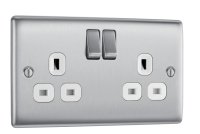 NEXUS BRUSHED STEEL 13A 2 GANG SWITCHED SOCKET WHITE INSERT