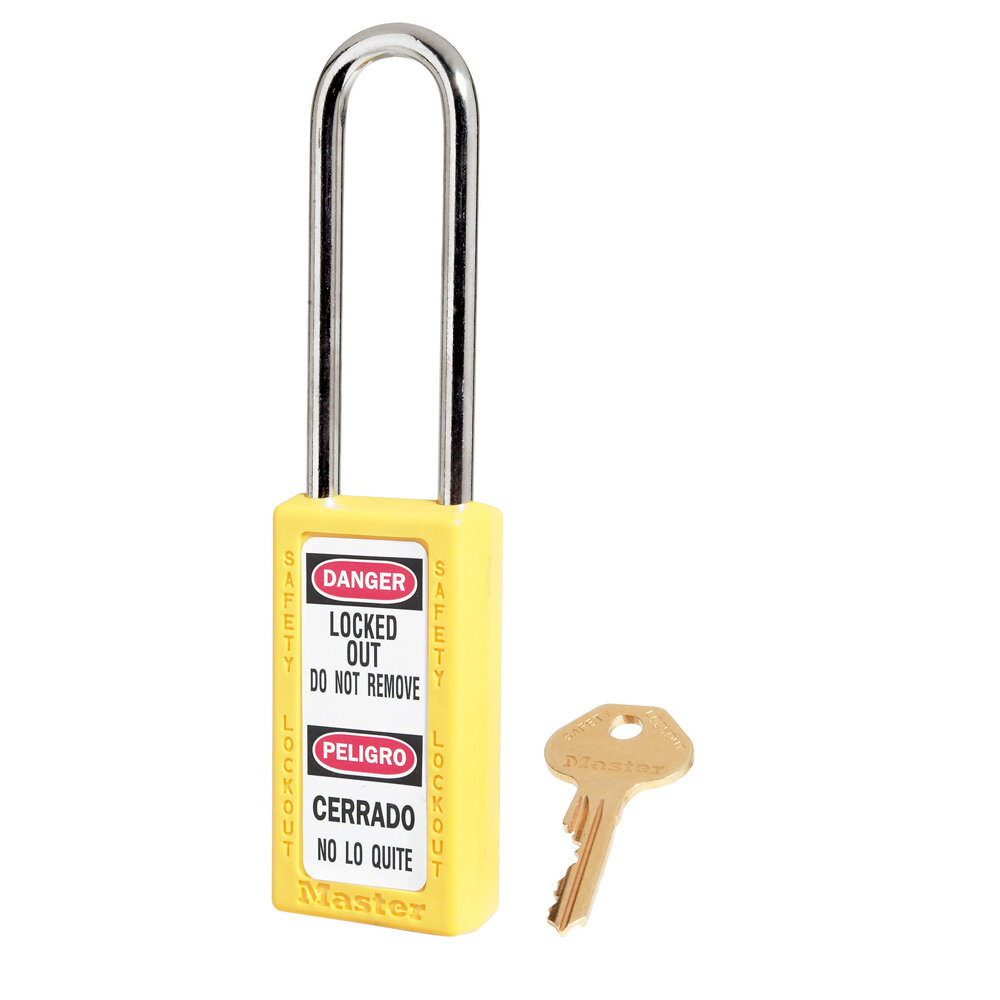 Master Lock Yellow Zenex™ thermoplastic safety padlock, 38mm wide with 76mm shackle, keyed alike