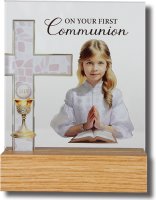 Glass Plaque/Wood Base/Communion Girl  (C32471)