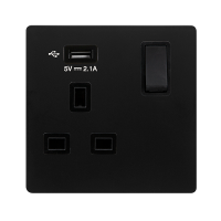 13A INGOT 1 GANG SWITCHED SOCKET WITH 2.1A USB OUTLET - MATT BLACK COVER PLATE - BLACK INSERT