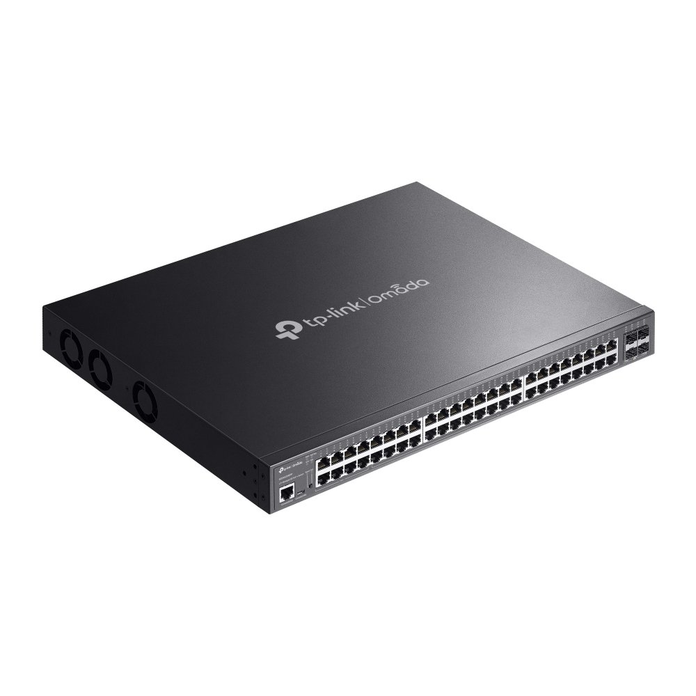 Rack-mounted Omada SG3452XMPP in server cabinet powering access points and cameras