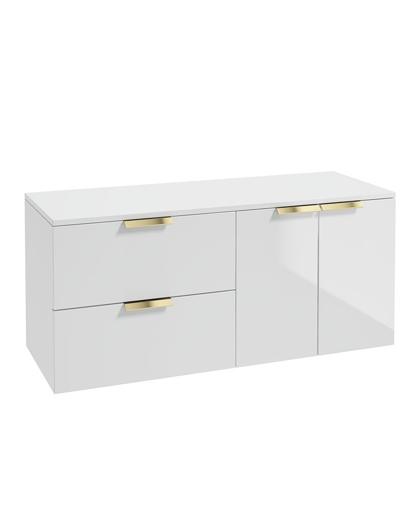 STOCKHOLM 120CM WALL HUNG TWO DRAWER/TWO DOOR GLOSS WHITE  COUNTERTOP VANITY UNIT - BRUSHED GOLD HANDLE