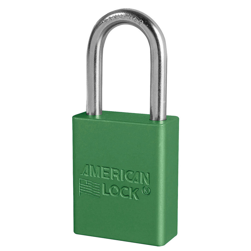 Master Lock Green anodized aluminum safety padlock, 38mm wide with 38mm tall shackle, keyed alike