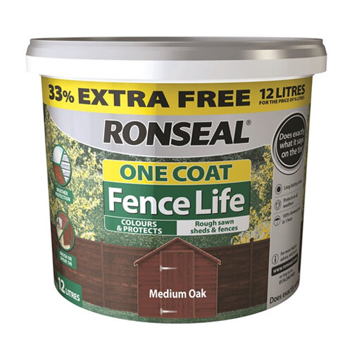Buy Ronseal Fence Life One Coat Medium Oak 9L + 33 Extra Free online