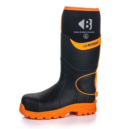 BUCKBOOTZ SAFETY WELLINGTON SIZE 8 BLACK / ORANGE BBZ8000