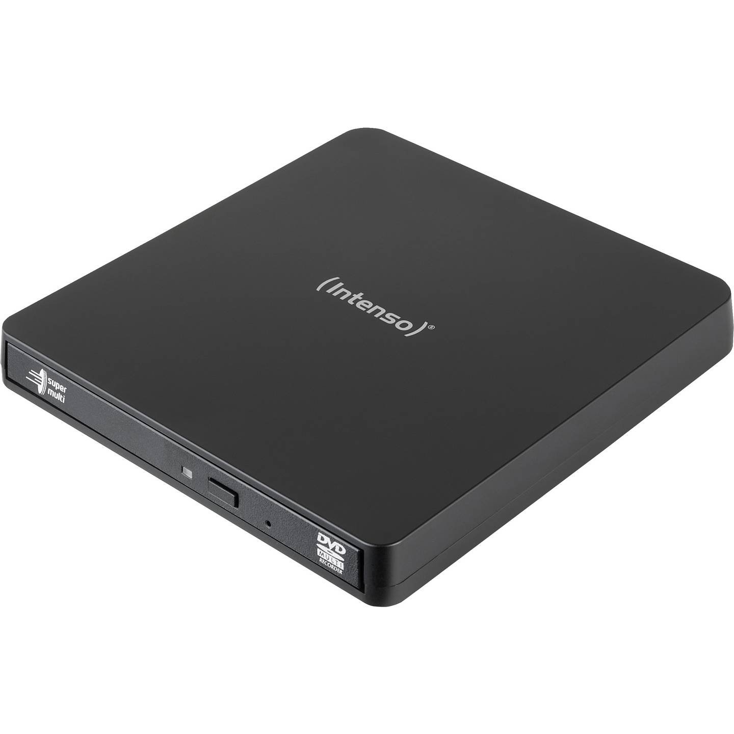 Front view of Intenso EOD 400D Slim external DVD writer in black with closed tray Retail box view of Intenso 