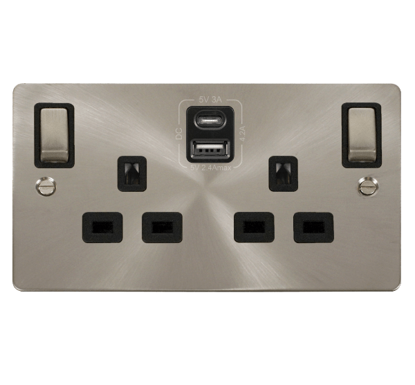 Click Define 2G Switched Socket C/w USB A&C Brushed Steel Black Insert FPBS586BK