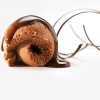 dark chocolate topping sauce drizzled on chocolate ice cream with chocolate decoration