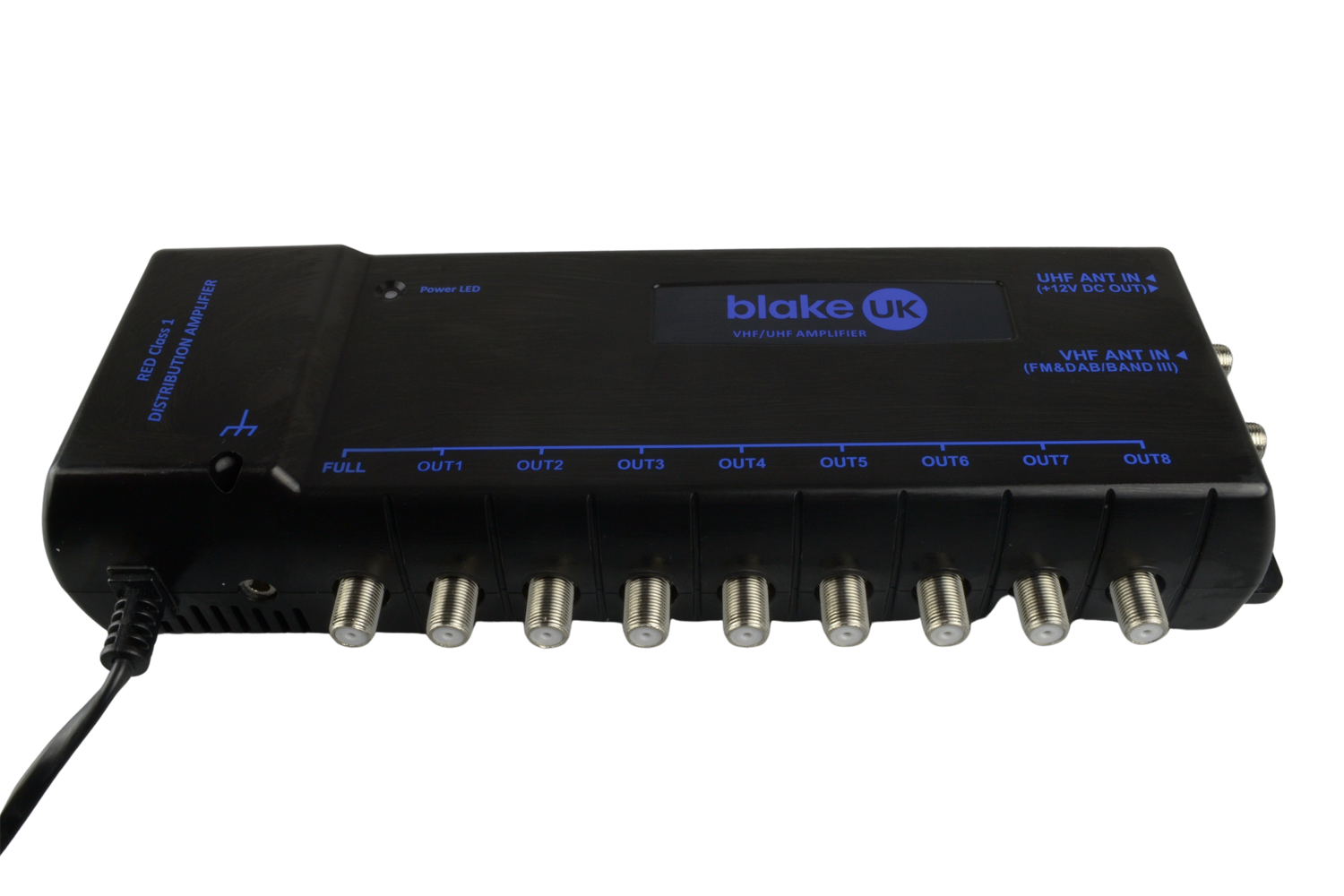 BLAAMP28 installed in signal distribution rack showing FM/DAB/UHF input connections