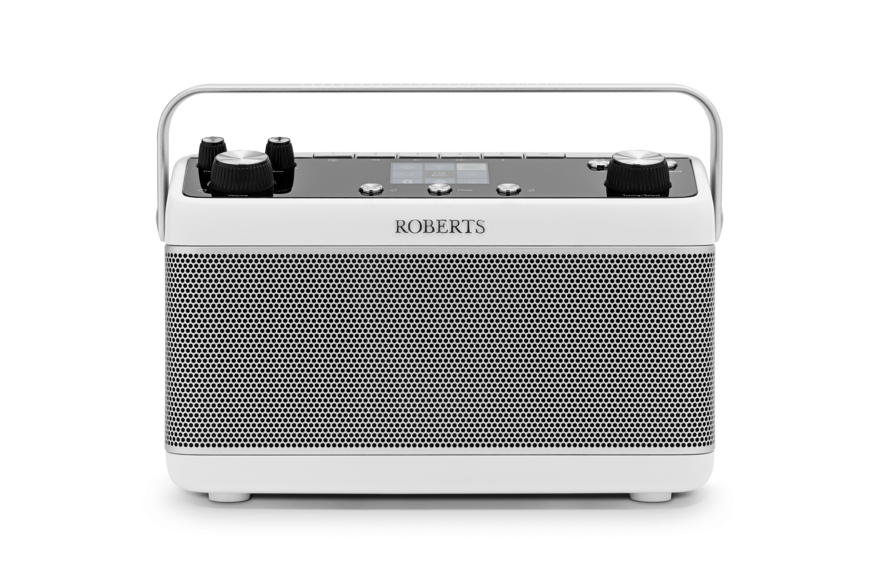 Front view of Roberts Stream 219 White internet radio showing display and speaker grille