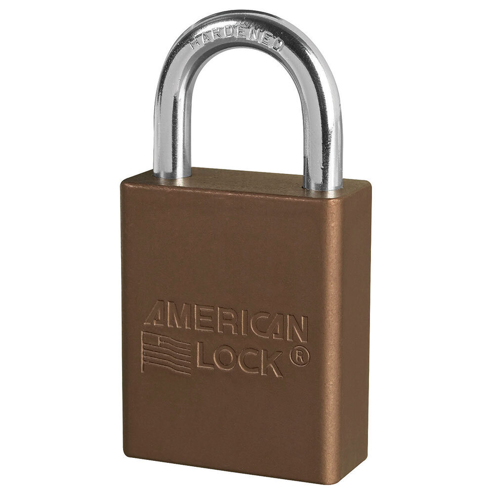 Master Lock Brown anodized aluminum safety padlock, 38mm wide with 25mm tall shackle, 6-pin cylinder