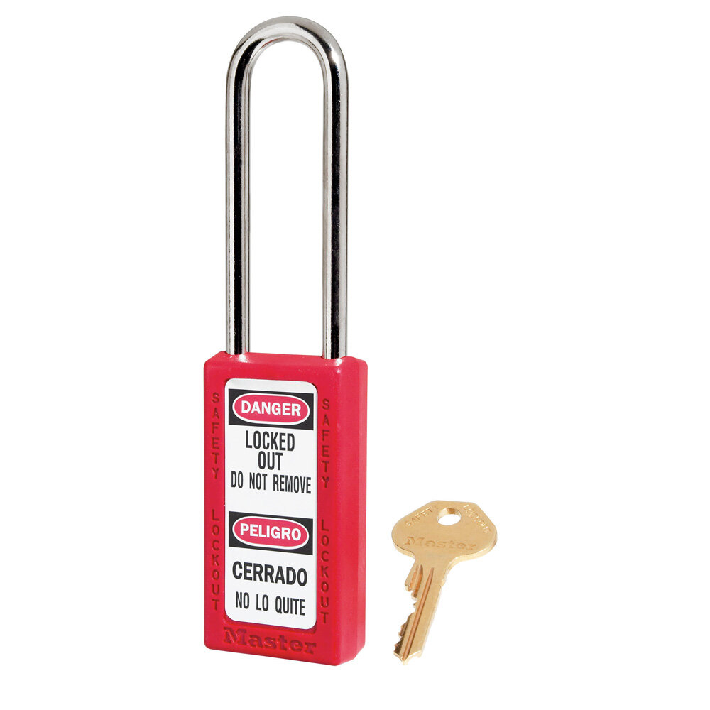 Master Lock Red Zenex™ thermoplastic safety padlock, 38mm wide with 76mm shackle, keyed alike