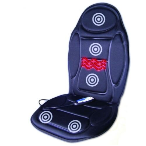 Heated Back and Seat Massager with a hand held remote controller with four levels of intensity penetrating heat to lumbar area.