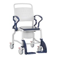 The Boston Mobile Commode Chair is white with blue handles, footrest, and seat cushion.