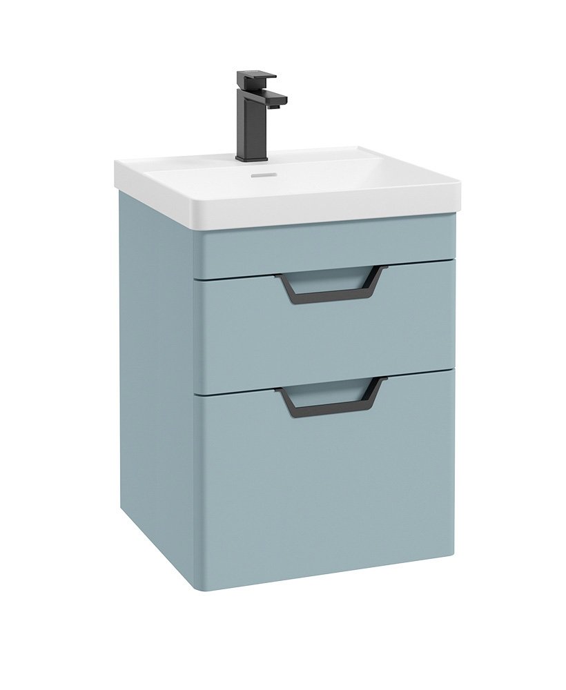 FREYA 50CM 2 DRAWER WALL HUNG VANITY UNIT MATT MORNING SKY BLUE-MATT BLACK HANDLE