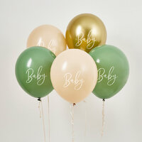 Sage, Nude & Gold 'Baby' 12" Latex Balloons - Pack of 5