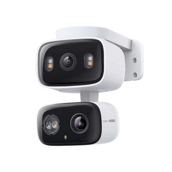 Tapo C246D dual lens security camera front view showing wide angle and telephoto lenses design