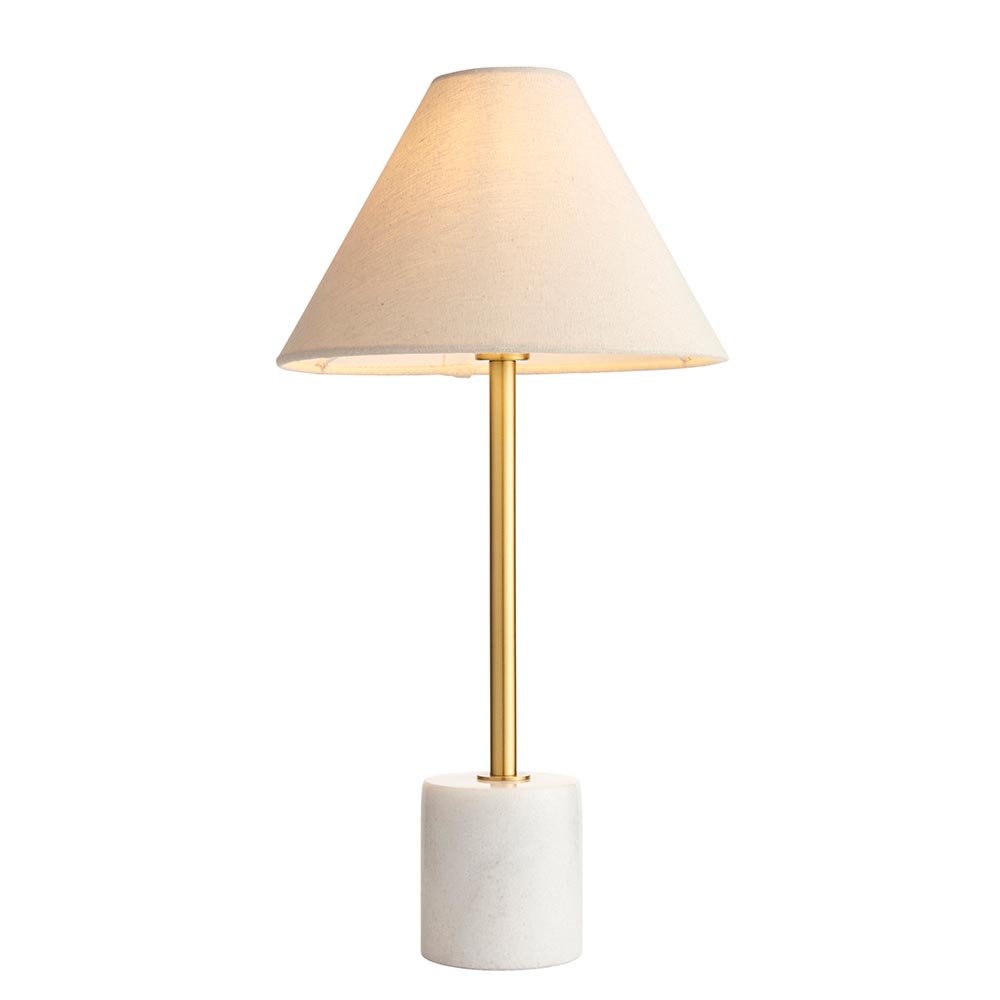 Endon Brushed Aged Brass & White Marble Table Light With Fabric Shade