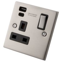 Stainless Steel Switched 1 Gang 13 Amp Socket c/w Type A + C USB Socket 