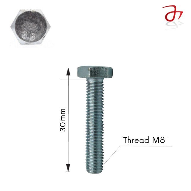 Hexagon Head Bolt DIN933 M8x30 Steel Zinc-Plated 8.8