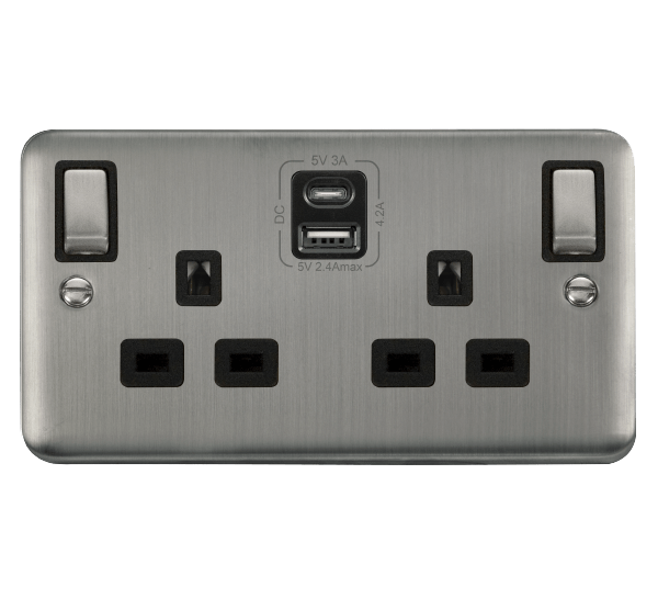 Click Deco Plus 2G DP Switched Socket C/w USB A&C Stainless Steel Black Insert DPSS586BK
