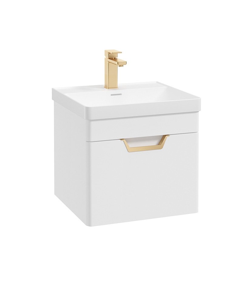 FREYA 50CM 1 DRAWER WALL HUNG VANITY UNIT MATT WHITE-BRUSHED GOLD HANDLE