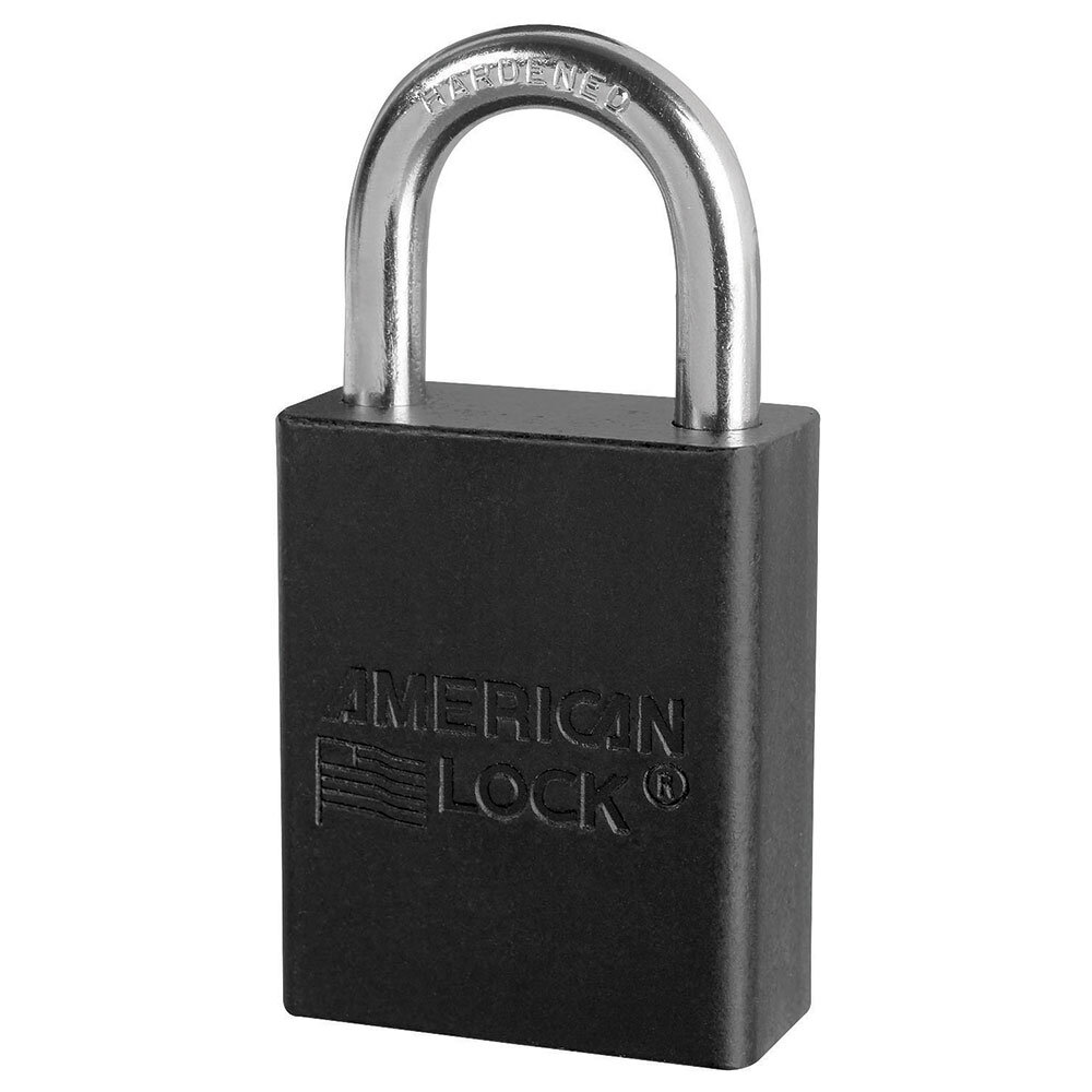 Master Lock Black anodized aluminum safety padlock, 38mm wide with 25mm tall shackle, master keyed