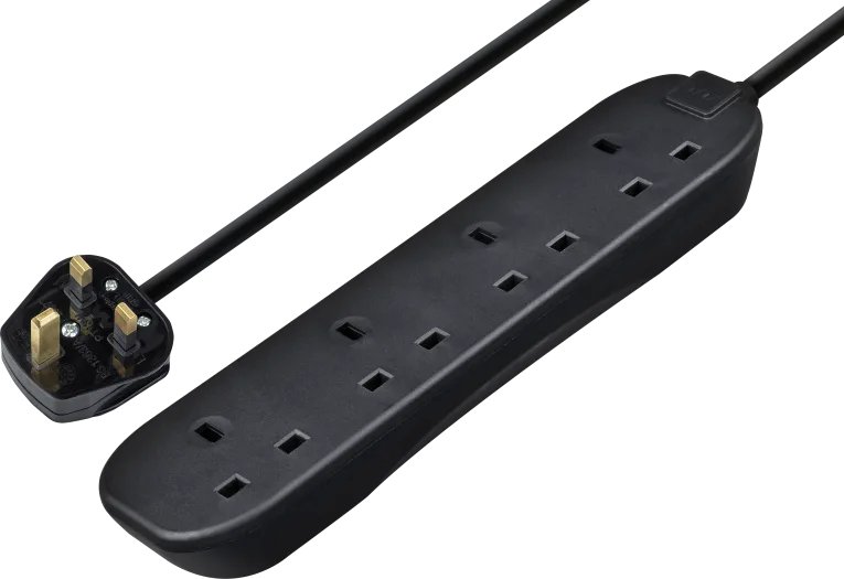 Masterplug BFG5NB MP four socket extension lead black front view with five metre cable and socket outlets visible