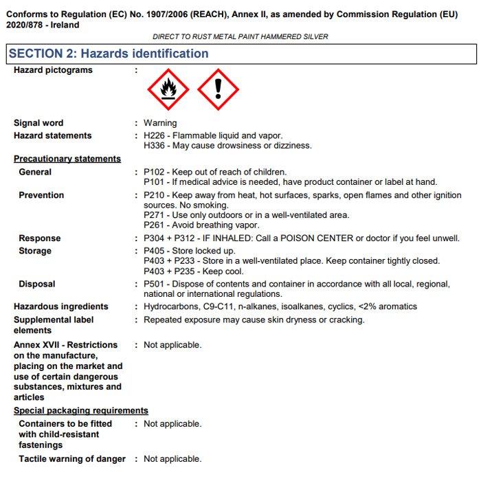 Hammerite Silver Hammered Safety Information
